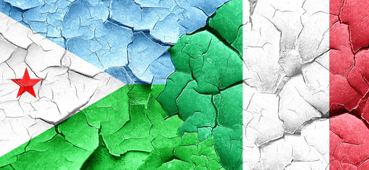 Djibouti flag with Italy flag on a grunge cracked wall