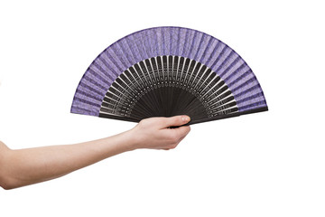 Hand holding fan isolated on white background