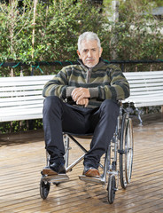 Senior Male Patient Sitting In Wheelchair At Lawn