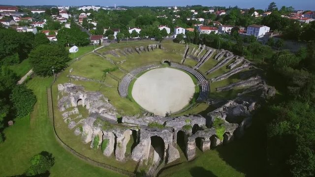Europe, France, Charente-Maritime, Saintes City, Aerial view of the Amphitheatre, UHD movie, 4K (3840X2160)