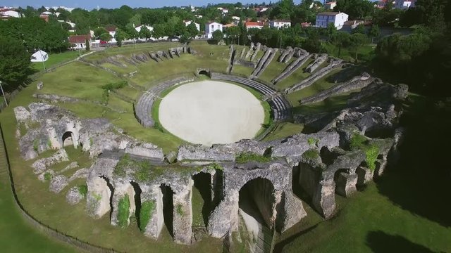 Europe, France, Charente-Maritime, Saintes City, Aerial view of the Amphitheatre, UHD movie, 4K (3840X2160)