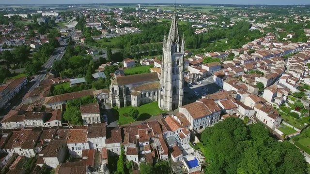 Europe, France, Charente-Maritime, Saintes City, Aerial view of St. Eutrope church, listed as World Heritage by UNESCO, UHD movie, 4K (3840X2160)