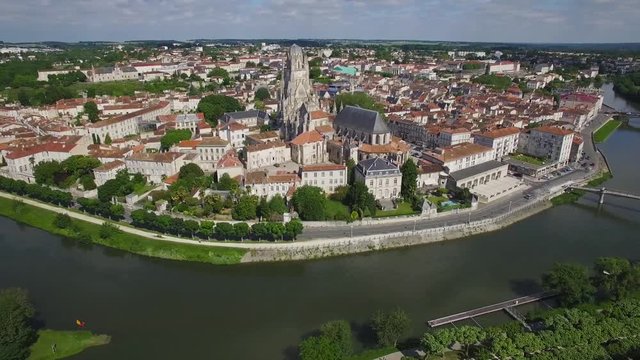 Europe, France, Charente-Maritime, Saintes City, Aerial view of the St. Pierre Cathedral, UHD movie, 4K (3840X2160)