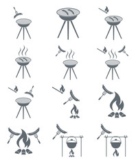 Set of sausage cooking on campfire icons. Vector illustration

