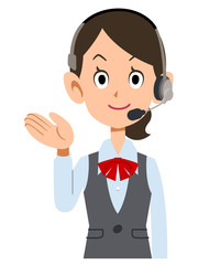 ヘッドセットを装着した制服着用の女性会社員が案内する
