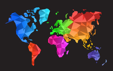 Geometric shapes low poly world map illustration isolated on different colour.