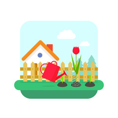 Gardening concept vector, flat cartoon village home and garden with flowers landscape