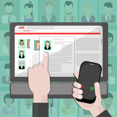 Find resume and hiring. Finding staff on internet. Choose candidate and analyze cv. Professional company resources.