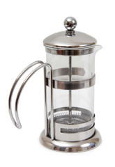 Metal and glass pots for coffee on a white background