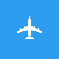 Naklejka na ściany i meble Plane silhouette vector isolated on blue background, flat white plane shape icon