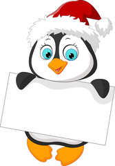 Cute little penguin holding blank sign 