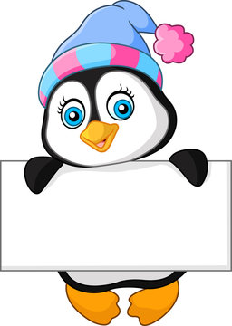 Cute little penguin holding blank sign 