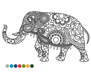 Elephant decorated mandala ornament coloring page with colors samples
