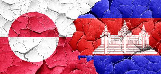 greenland flag with Cambodia flag on a grunge cracked wall