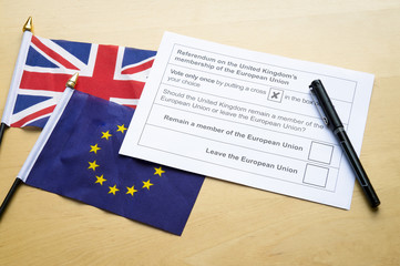 Fototapeta na wymiar Voting ballot for the referendum on the United Kingdom's membership of the European Union leave or remain campaign with flags