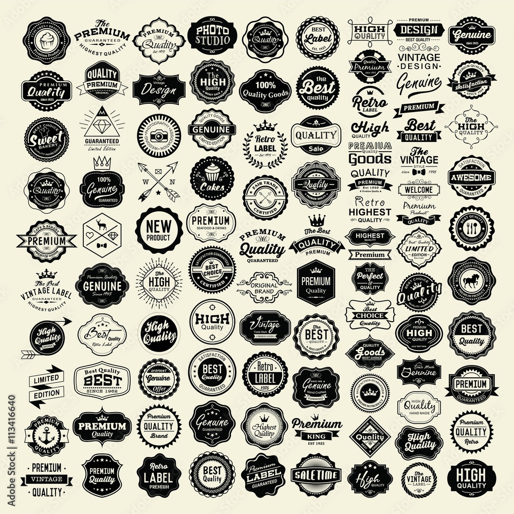 Wall mural 100 Labels and Logotypes design set. Retro Typography, Premium Quality design. Badges, Logos, Borders, Arrows, Ribbons, Icons.