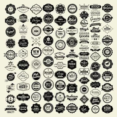 Fotobehang 100 Labels and Logotypes design set. Retro Typography, Premium Quality design. Badges, Logos, Borders, Arrows, Ribbons, Icons. © catherinecml