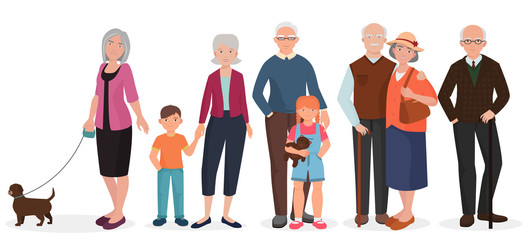 Fototapeta premium Old people grandparents couples set. Granny with kids and dog.
