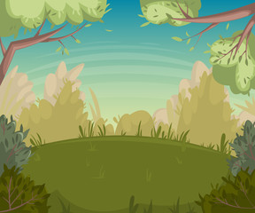 Summer landscape. Forest clearing with trees and bushes. Cartoon vector illustration