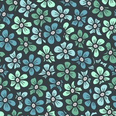 green seamless flower doodle pattern, vector illustration