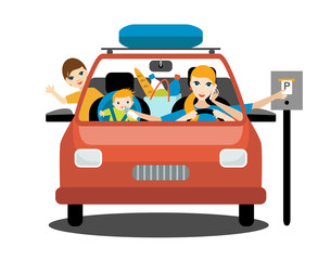 Multitasking woman, mother driving car with a hungry baby, older son, talking a phone. Flat vector.
