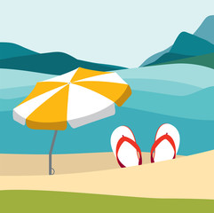 Summer beach with color flip flops and red umbrella. Flat summer design illustration. Summer vector.