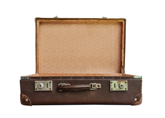 Open vintage brown suitcase on white background
