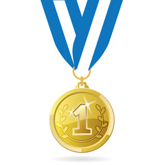 Gold medal icon. Medal for first place. Gold medal on the ribbon. Vector illustration