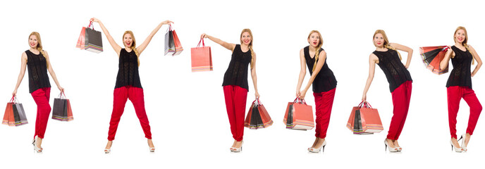 Set of woman with shopping bags on white