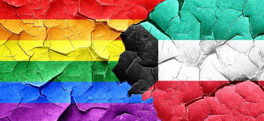 Gay pride flag with Kuwait flag on a grunge cracked wall