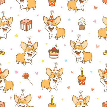 Seamless pattern with cute cartoon dogs breed Welsh Corgi Pembroke on  white  background. Funny baby animals. Birthday gifts, balloons, sweets and party hats. Children's illustration. Vector image. 
