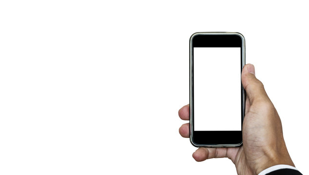 Mobile phone in hand, with copy space on screen, isolated on white background