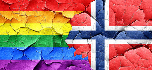 Gay pride flag with Norway flag on a grunge cracked wall