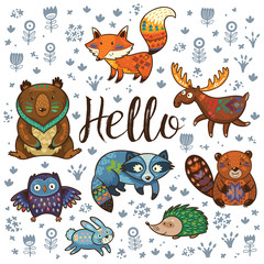 Forest tribal animals vector set