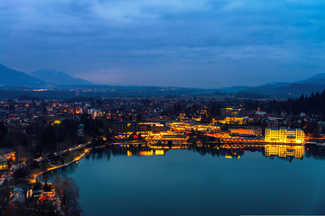 Aerial view of small town Bled in Slovenia at night
