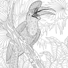 Zentangle stylized cartoon rhinoceros hornbill bird (Buceros rhinoceros). Hand drawn sketch for adult antistress coloring page, T-shirt emblem, logo, tattoo with doodle, zentangle, floral elements. © Sybirko