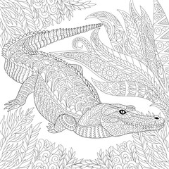 Fototapeta premium Zentangle stylizowany rysunek krokodyla (aligatora) wśród liści dżungli. Ręcznie rysowane szkic dla dorosłych kolorowanki antystresowe, godło T-shirt, logo, tatuaż z doodle, zentangle, kwiatowy wzór elementów