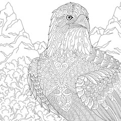 Zentangle stylized cartoon eagle of prey (hawk, falcon, osprey). Hand drawn sketch for adult antistress coloring page, T-shirt emblem, logo or tattoo with doodle, zentangle, floral design elements.