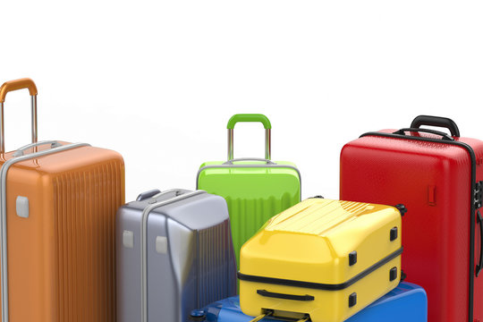 colorful luggages on white background