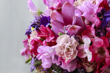 Bouquet of carnation, freesia and pansy flowers.