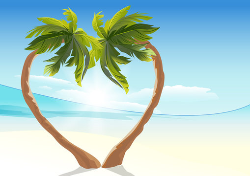 Two tropical palm curved into heart shape. Heart symbol of love
