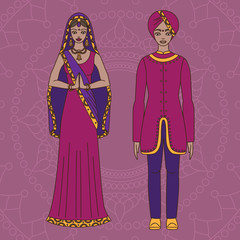 South Asia beautiful woman and man wearing indian traditional cloth, hinduism costume, sari on background