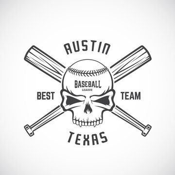 Hand Drawn Baseball Team Logo Template. Skull and Crossed Bats Sign. Ball Head Concept. Sport Emblem with Premium Typography.