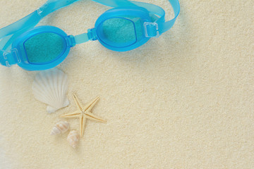 Fototapeta na wymiar 水中眼鏡と貝殻とヒトデ　白砂背景 