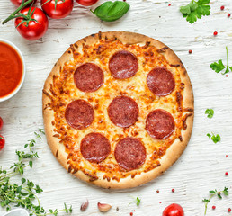 Delicious italian pizza served on wooden table
