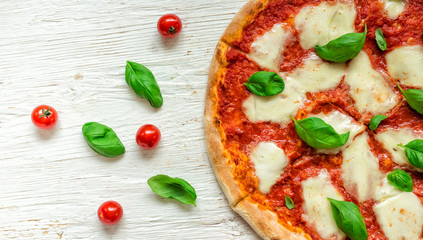 Delicious italian pizza served on wooden table