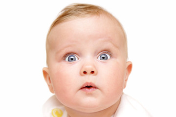 newborn european baby girl boy wondering curious head up 6 month