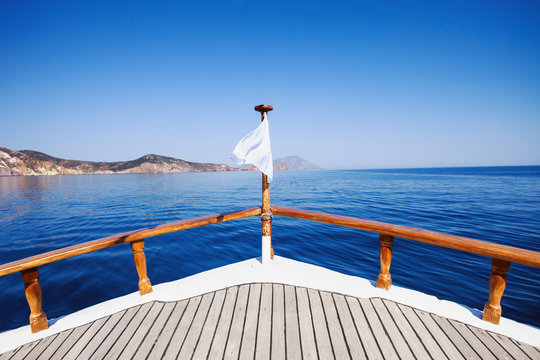 View on a sea from the sailing ship in a beautiful bay, travel and vacations concept
