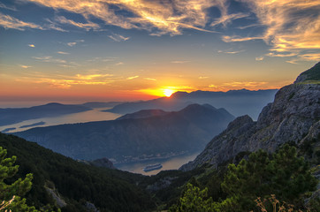 Mountain Sundown in the Kotor Bay Boka Kotorska, Montenegro