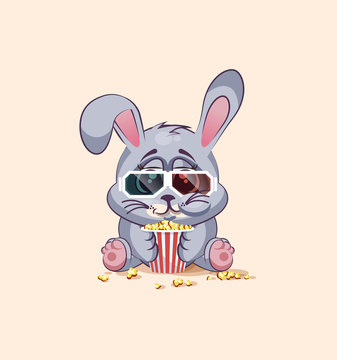 Emoji character cartoon Gray leveret chewing popcorn, watching movie in 3D glasses sticker emoticon